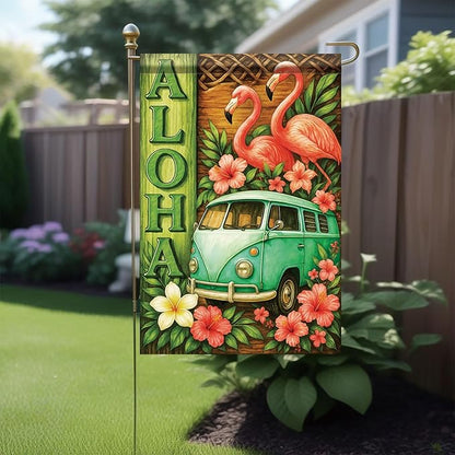 Summer Garden Flag 12x18 Inch Aloha Flamingo Vintage Van Tropical Hibiscus Floral Island Style Outdoor Yard Porch Lawn for Seasonal Coastal Boho Home Decor