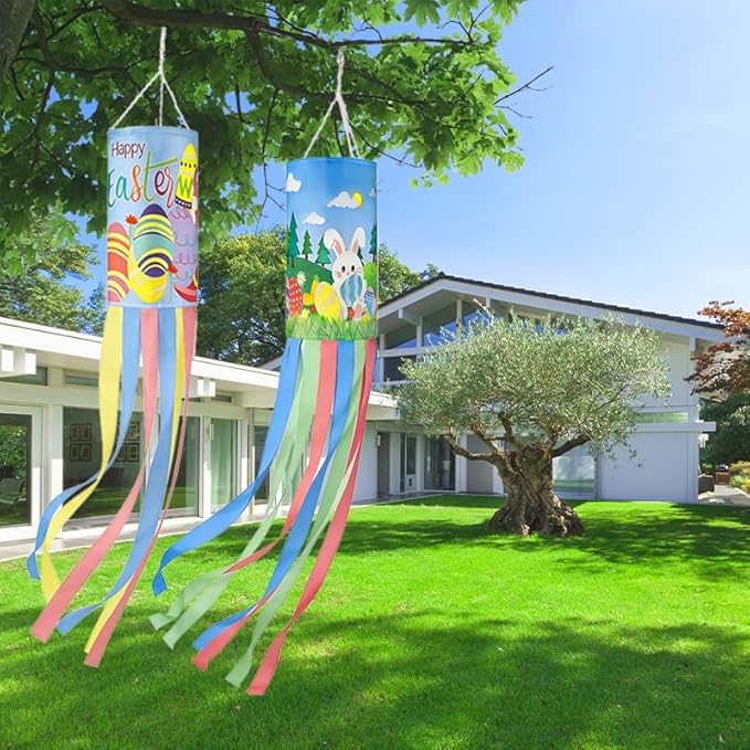 2Pack 40 Inch Spring Easter Windsock, Bunny Outdoor Holiday Windsock Flags Decorations for Yard Garden Home Party Hanging Decor