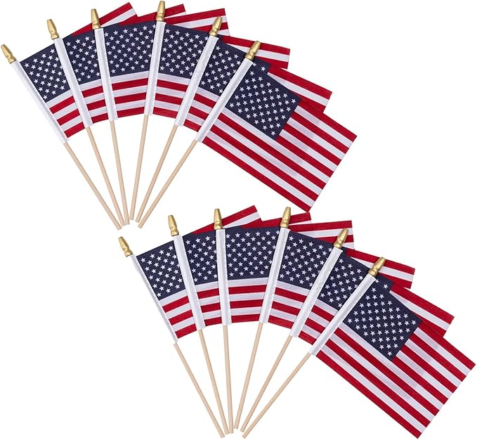 TOPFLAGS 4x6 Small American Flag on Stick 12 Pack Mini US Flags 4x6 Inch Kid-Safe Spear Top Pole for Outside 4th of July Memorial Day USA 250th Anniversary Patriotic Decorations