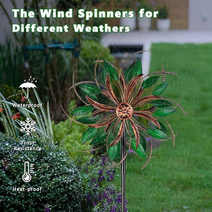 DREAMYSOUL Wind Spinners Outdoor, 360 Degree Rotation Double Layer Metal Kinetic Wind Spinner, Wind Sculpture with Green Leaves Blades for Yard and Garden Lawn Decor