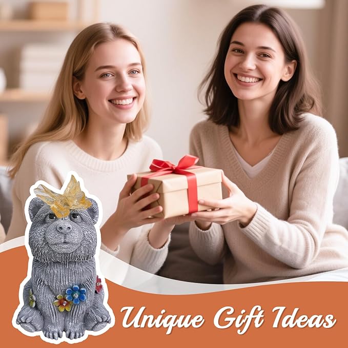 Solar Baby Bear Garden Statue with Butterfly Light - Cute Bear Cub Figurine Decor with Flower Accents - Outdoor Decor for Patio Lawn - Christmas Housewarming Birthday Gifts for Grandma Mom Women