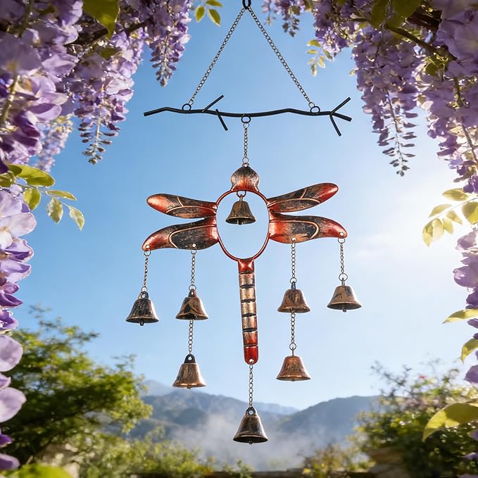 Dragonfly with Bells Wind Chime, Handcrafted Wind Chimes with 8 Bells (Flamed Finish), Outdoor Metal Hook Hanging Decor, Garden Decoration, Gardening Gifts, Decorative Hanging Garden Decor