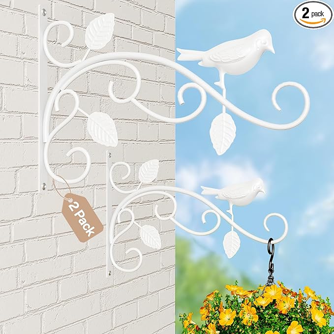iDavosic.ly Plant Hangers Outdoor 2-Pack, 12 Inch Heavy Duty Iron Wall Brackets for Hanging Plants, Baskets, Bird Feeders, Lanterns, Wind Chimes, Indoor Metal Hooks for Garden Porch Patio, White
