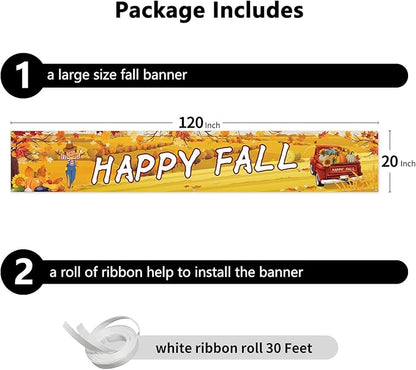 Probsin Happy Fall Banner 120"x 20" Decorations Outdoor Thanksgiving Decor Autumn Yard Signs Party Supplies Red Truck Pumpkin Holiday Harvest Welcome Hanging Backdrop for Garden Fence Yard Lawn Porch