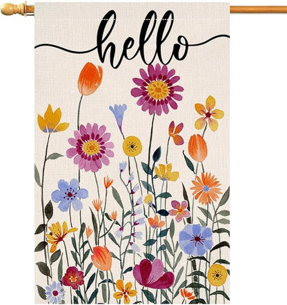 Hello Spring Floral House Flag 28 x 40 Vertical Double Sided Colorful Flowers Summer Farmhouse Holiday Outside Decorations Burlap Yard Flag BW257-40