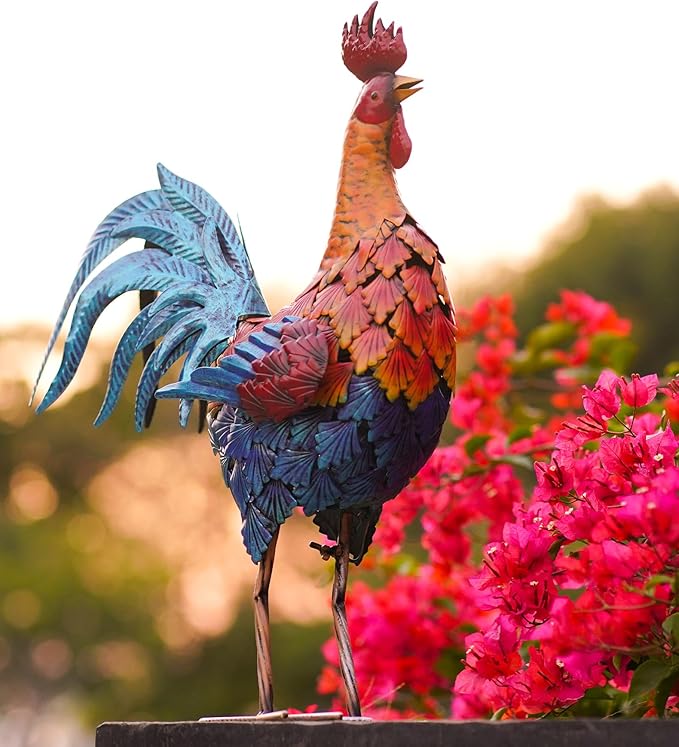 Metal Rooster Statue - Outdoor Garden Porch Patio Farm Backyard Decor - 21 Inch Metal Home Furnishing Artwork - Unique Gifts for Mom Women
