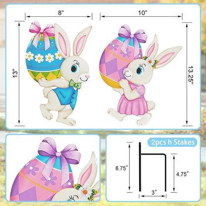 Easter Decorations Outdoor,2 Pack Metal Easter Egg Bunny Yard Signs for Outside,Cute Bunny Garden Stakes for Lawn,Yard,Rabbit Gifts for Women