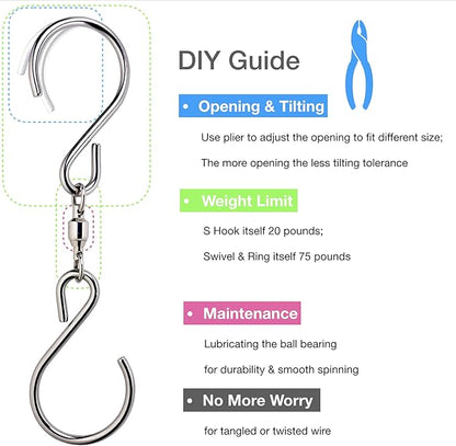 HS's Creation 6 Pack Dual Swivel S Hooks for Indoor Outdoor Organization Spinning Hanger Wind Chimes Spinner Prism Windsocks Hanging Plant Hanging Crystal Ornaments Rainbow Maker Pendant Etc.
