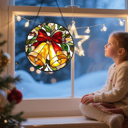 Golden Bell Stained Glass Suncather for Window Hanging, 6.3'' Christmas Ornament Gift for Women, Festive Wall Art Home Decoration Xmas Gift for Mom, Grandma (Golden Bell, 6.3'')