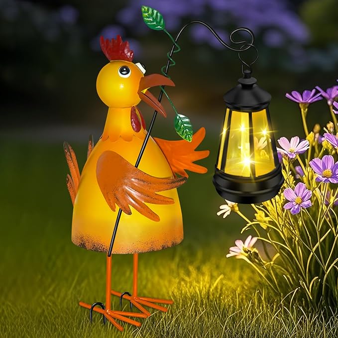 Solar Garden Decor Outdoor Statue, Metal Chicken with Solar Lantern for Outdoor, Yard, Patio Decor, Unique Birthday Gifts for Women Mom Grandma Cute Housewarming Gifts