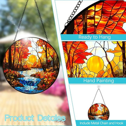 Sunset Suncatcher Stained Glass Window Hanging - Handmade Tree River Sun Catchers Home Outdoor Garden Decor - Sucnatchers for Windows Hanging Ornaments - Mother's Day Birthday Gifts for Mom Grandma