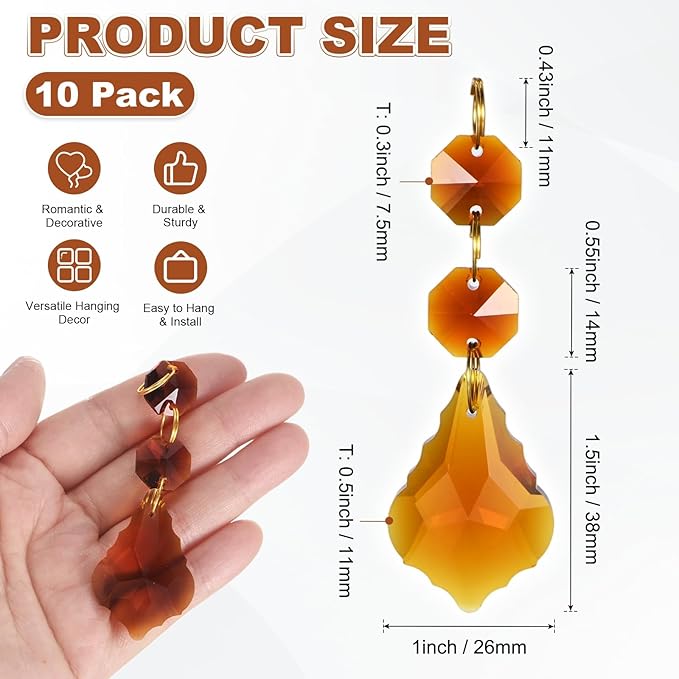 M METERXITY 10PCS Crystal Suncatcher 2 Leaves Prisms Pendants Ornament, 38mm Chandelier Hanging Crystal Sun Catcher Beads for Home Garden Windows Wedding DIY Decoration [Amber]