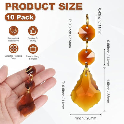 M METERXITY 10PCS Crystal Suncatcher 2 Leaves Prisms Pendants Ornament, 38mm Chandelier Hanging Crystal Sun Catcher Beads for Home Garden Windows Wedding DIY Decoration [Amber]