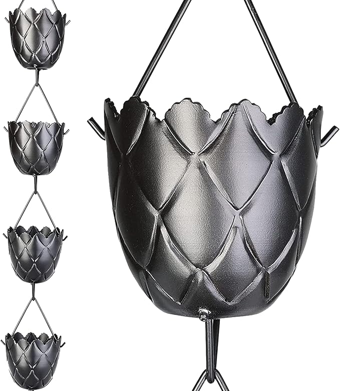 RainChains Pacific Fluted Scalloped Rain Chain 8.5ft Black Aluminum Rain Chain for Heavy Rain Premium Decorative Gutters.