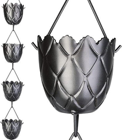 RainChains Pacific Fluted Scalloped Rain Chain 8.5ft Black Aluminum Rain Chain for Heavy Rain Premium Decorative Gutters.