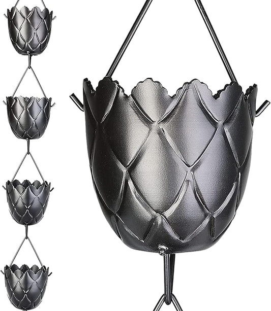 RainChains Pacific Fluted Scalloped Rain Chain 8.5ft Black Aluminum Rain Chain for Heavy Rain Premium Decorative Gutters.