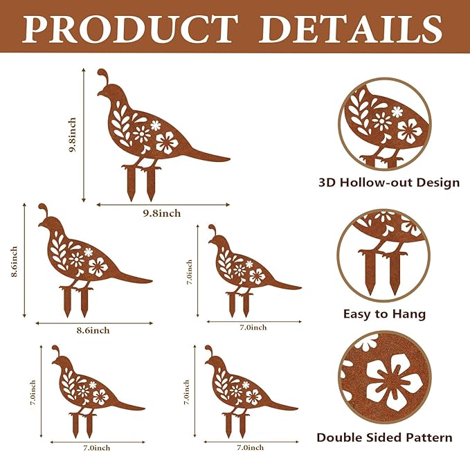 Metal Garden Decorative Statues Distinct Hen and Chicks Silhouette Design,Black Hollow-Cut Yard Art, Perfect Decor for Lawns Yard Gardens (Large, Quail)