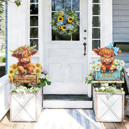 hogardeck Garden Decor for Outside, Set of 2 Metal Highland Cow Decorative Garden Stakes with Sunflower for Yard Decor, Welcome Sign Yard Art for Outdoor Lawn Porch Backyard Spring Decorations