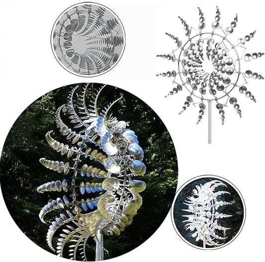 Magical Metal Windmill, Stainless Steel Windmill,Kinetic Metal Wind Spinners Garden Stake, 3D Wind Sculptures Move with The Wind Lawn Solar Wind Catcher Outdoor Patio Garden Decoration (SILVER-1PCS)