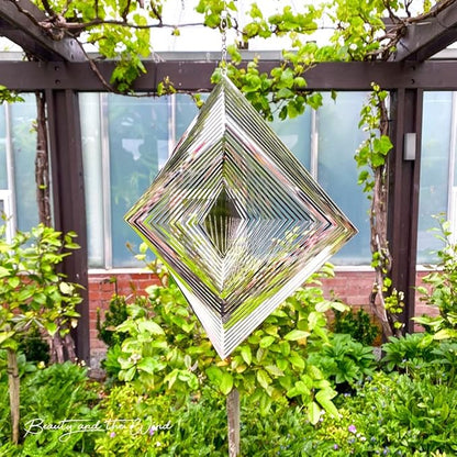 Wind Spinner Metal Garden Spinners Outdoor Garden Art for Backyard Outdoor Hanging Decor and Spinners for Yard and Garden Ornaments 3D Shape (Silver Diamond)
