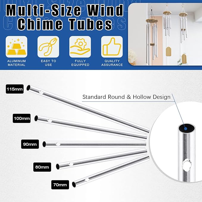 Glarks 61Pcs Wind Chime Kit Including 50Pcs 11.5cm 10cm 9cm 8cm 7cm Wind Chime Tubes and 10Pack Swivel Hooks Clips with 100m Thread Wire for Home Garden Outdoor Hanging Decorations