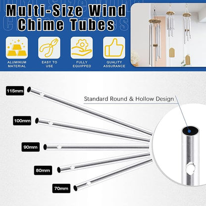 Glarks 61Pcs Wind Chime Kit Including 50Pcs 11.5cm 10cm 9cm 8cm 7cm Wind Chime Tubes and 10Pack Swivel Hooks Clips with 100m Thread Wire for Home Garden Outdoor Hanging Decorations