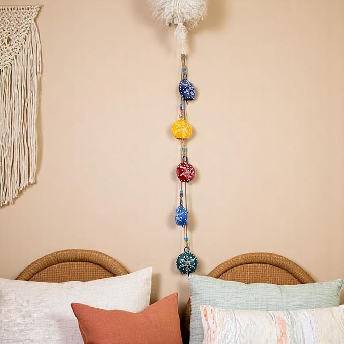 36" Hanging Metal Bells – Hand-Painted Rustic Wind Chime with 5 Large Cowbells on Jute Rope & Glass Beads – Vintage Door Hanging, Fireplace, Garden, Patio, Boho & Christmas Decor (Multi 36")
