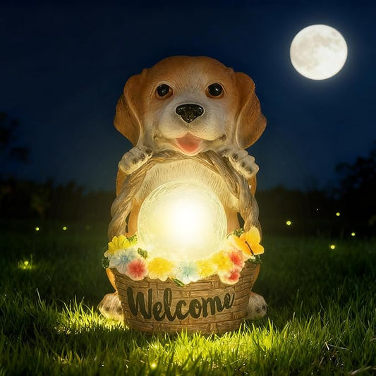 Solar Garden Welcome Statue with LED Light, Outdoor Decorative Animal Figurines, 8-10 Hour Working Time, Floral Basket Design, Lawn Yard Decor (Dog)