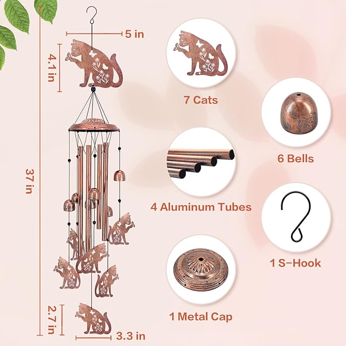 for Mom Cat Wind Chimes for Outside,Cat Gifts for Women/Men/Sympathy Gift/Memorial/Festival Birthday Gifts Metal windchimes Outdoors/Indoors,Patio,Garden Decor,Yard Decor,Porch