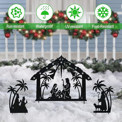 Solar Nativity Scene Outdoor,3Pack Lighted Outdoor Christmas Decorations,Metal Silhouette Nativity Set Outside for Yard Garden Stake