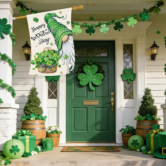 Heyfibro Happy St. Patrick's Day Gnome Garden Flag 28x40 Double Sided Burlap, Shamrock Basket Yard Flag for Spring Seasonal Irish Holiday Farmhouse Yard Outdoor Decor(ONLY FLAG)