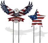 Silkfly 2pcs 4th of July Metal Decorations for Outdoor Patriotic Memorial Day Garden Yard Sign 250th Eagle Metal Blue Red Star Art Decor Outside Americana Garden Stake for Lawn Independence Day Gifts