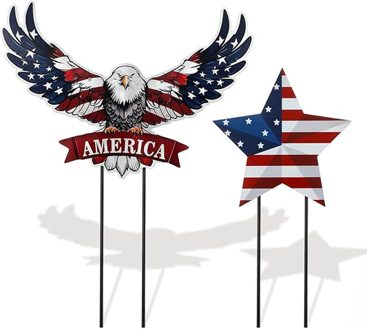 Silkfly 2pcs 4th of July Metal Decorations for Outdoor Patriotic Memorial Day Garden Yard Sign 250th Eagle Metal Blue Red Star Art Decor Outside Americana Garden Stake for Lawn Independence Day Gifts