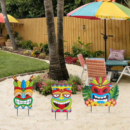 hogardeck Luau Party Decorations, Metal 3 Stacked Tiki Decorative Garden Stakes for Luau Outdoor, Hawaiian Party Decorations Tiki Yard Signs for Tropical Outdoor Garden Lawn