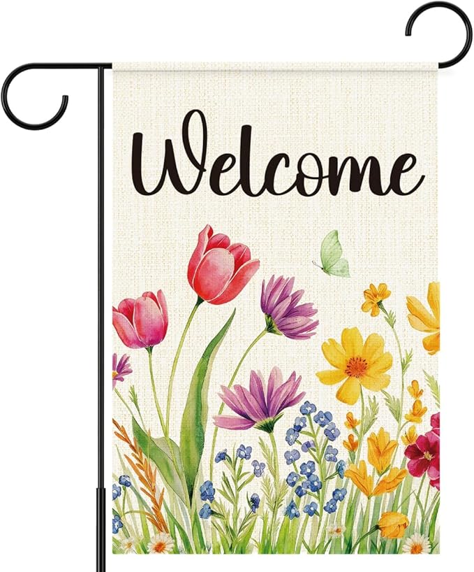 Spring Floral Welcome Garden Flag for Outside,Welcome Spring Yard Flag for Lawn Porch Flags for Outdoor Decorations 12x18 Inch Double Sided