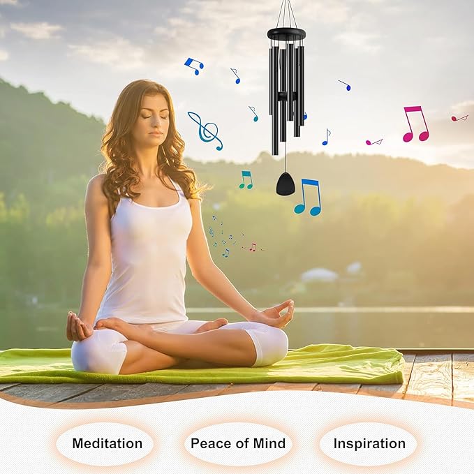 Bursvik Large Aluminium Wind Chimes 37 Inches to Create a Zen Atmosphere Suitable for Outdoor, Garden, Patio Decoration. Classic Wind Chimes with Wind Catcher as a Gift for Unisex(Whole Black)