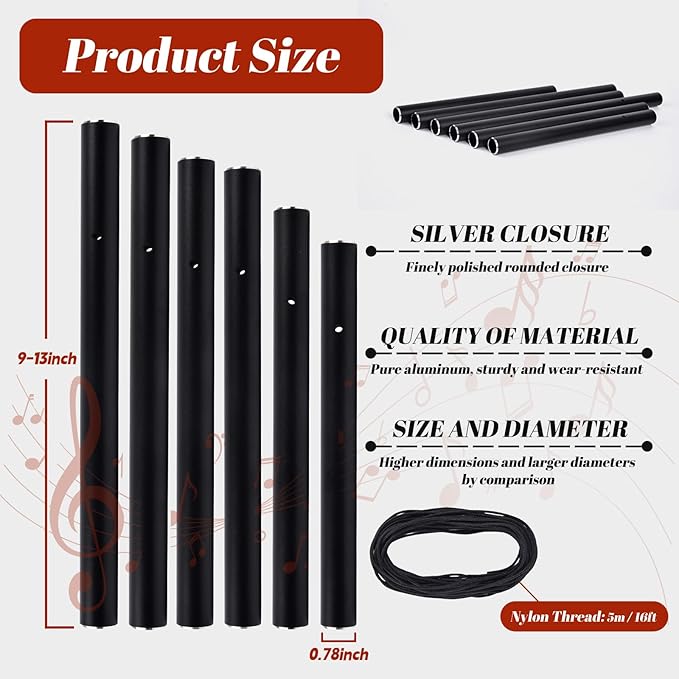 CELSOL 9''-13'' Large Aluminum Wind Chime Tubes, 0.78'' Dia., 1.2mm Wall, with 16ft Nylon Cord, Superior Sound, Wind Chime Parts Replacement, DIY Crafts for Garden, Patio, Home Decor, Gifts(Black)