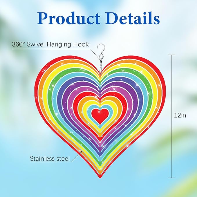 Wazzio Love Heart Wind Spinners Outdoor, Hanging Wind Spinners for Birthday Christmas Valentines Day, 12 inch Outdoor Indoor Hanging Ornament for Garden Porch Backyard Lawn