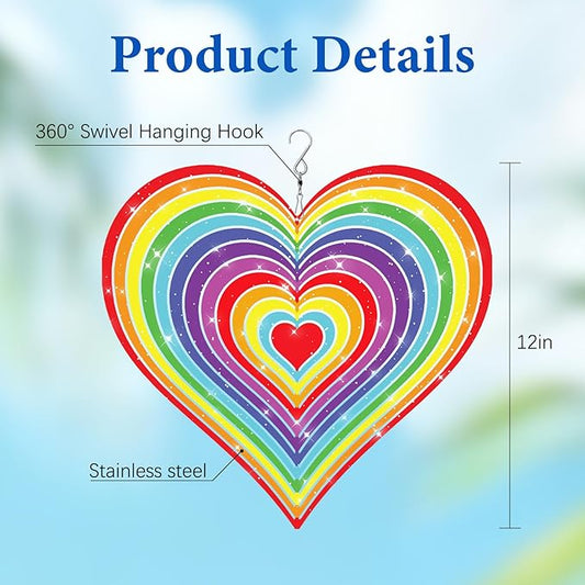 Wazzio Love Heart Wind Spinners Outdoor, Hanging Wind Spinners for Birthday Christmas Valentines Day, 12 inch Outdoor Indoor Hanging Ornament for Garden Porch Backyard Lawn