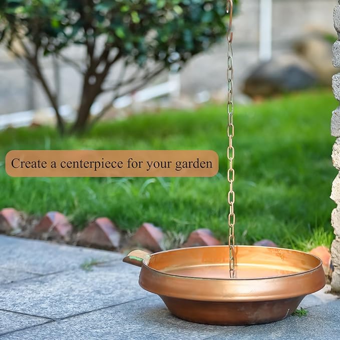 Rain Chain Anchoring Basin, Hand Hammered Bowl for Rain Chain Downspout Gutters, Rain Chain Anchor with S-Hook, Heavy Duty Metal Rain Chain Basin of Chain Display for Outdoor, 12.9" Diameter, 4" High