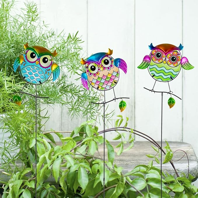 Decorative Garden Stakes,Set of 3 Owl Stained Glass Metal Yard Art Outdoor,Waterproof Spring Garden Stakes Decorative for Lawn Patio Pathway