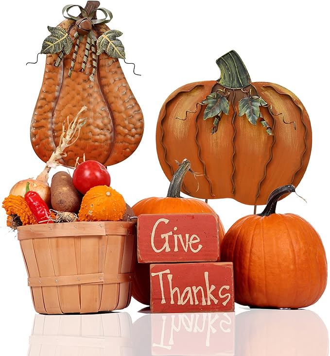 Morning View Pumpkin Garden Stakes Metal Yard Sign Fall Decor Outdoor Autumn Yard Stake Art Pumpkin Lawn Ornaments for Patio Porch Thanksgiving Halloween Harvest 17.5 Inches Tall Set of 2