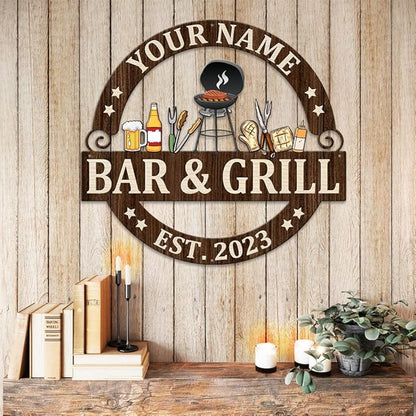 MeMate Bar & Grill Sign - Personalized Outdoor Decor for Backyard, Patio, Pool, Porch, Deck, BBQ - Large Metal Sign for Outside - Housewarming Gifts