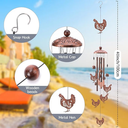 Chicken Wind Chimes for Outside - Metal Windchimes Outdoors Chicken Gifts Rooster Garden Decor with Greeting Card for Women Men Mom Grandma Birthday Home Patio Porch Backyard Yard Decoration