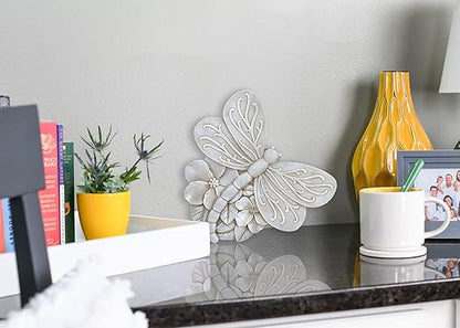 Magnolia Garden 12-Inch Antique White Sculpted Dragonfly Decorative Stepping Stone – 3D Floral Resin Garden Walkway Tile – Weathered Winged Insect Outdoor Accent