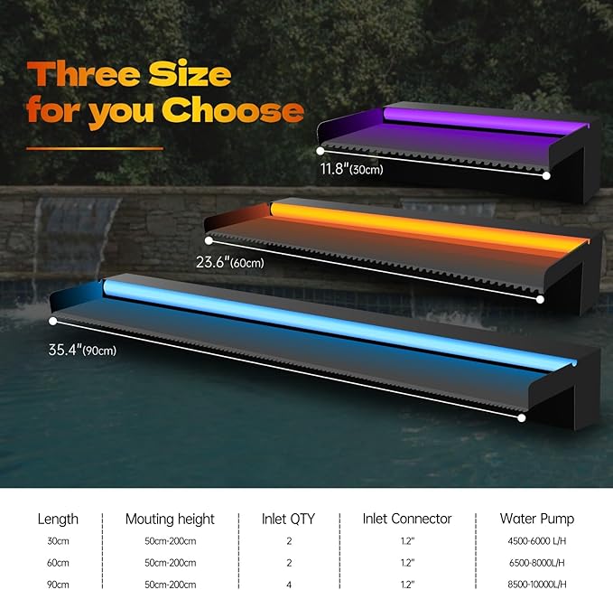 Pamopamo Pool Waterfall Spillway Stainless Steel Pond Fountain, APP Control Colorful LED Lighted Outdoor Black Fountains, Water Flow Spillways Kit for Koi Pond, Swimming Pool, Garden-23.6"x7.8"x3.9"