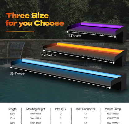 Pamopamo Pool Waterfall Spillway Stainless Steel Pond Fountain, APP Control Colorful LED Lighted Outdoor Black Fountains, Water Flow Spillways Kit for Koi Pond, Swimming Pool, Garden-23.6"x7.8"x3.9"