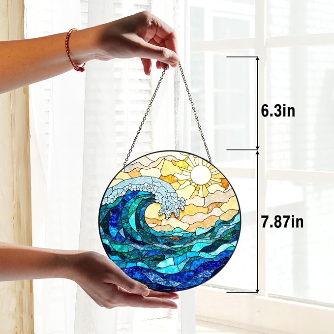 Stained Glass Window Hanging Sun Catcher 7.8 in, Ocean Wave Glass Panel Suncatcher for Indoor Window Decor, Coastal Home Beach Decor Gift for Women, Men, Wife, and Mom