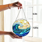 Stained Glass Window Hanging Sun Catcher 7.8 in, Ocean Wave Glass Panel Suncatcher for Indoor Window Decor, Coastal Home Beach Decor Gift for Women, Men, Wife, and Mom