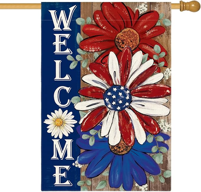 AVOIN colorlife Patriotic 4th of July House Flag 28x40 Inch Double Sided Outside, Floral Welcome Daisy Holiday Yard Outdoor Decoration